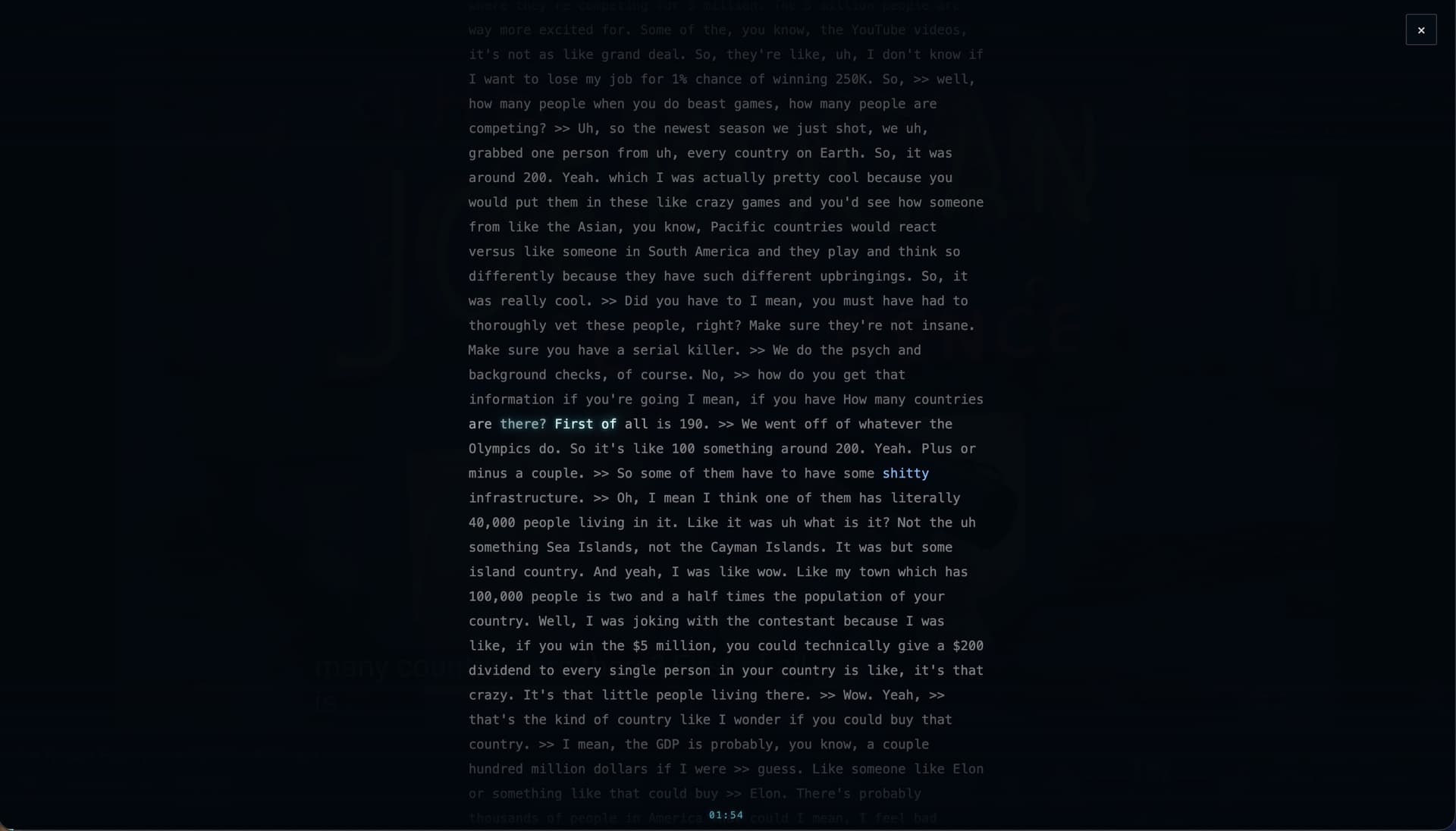 The immersive full-screen reader displaying the transcript over the darkened video
