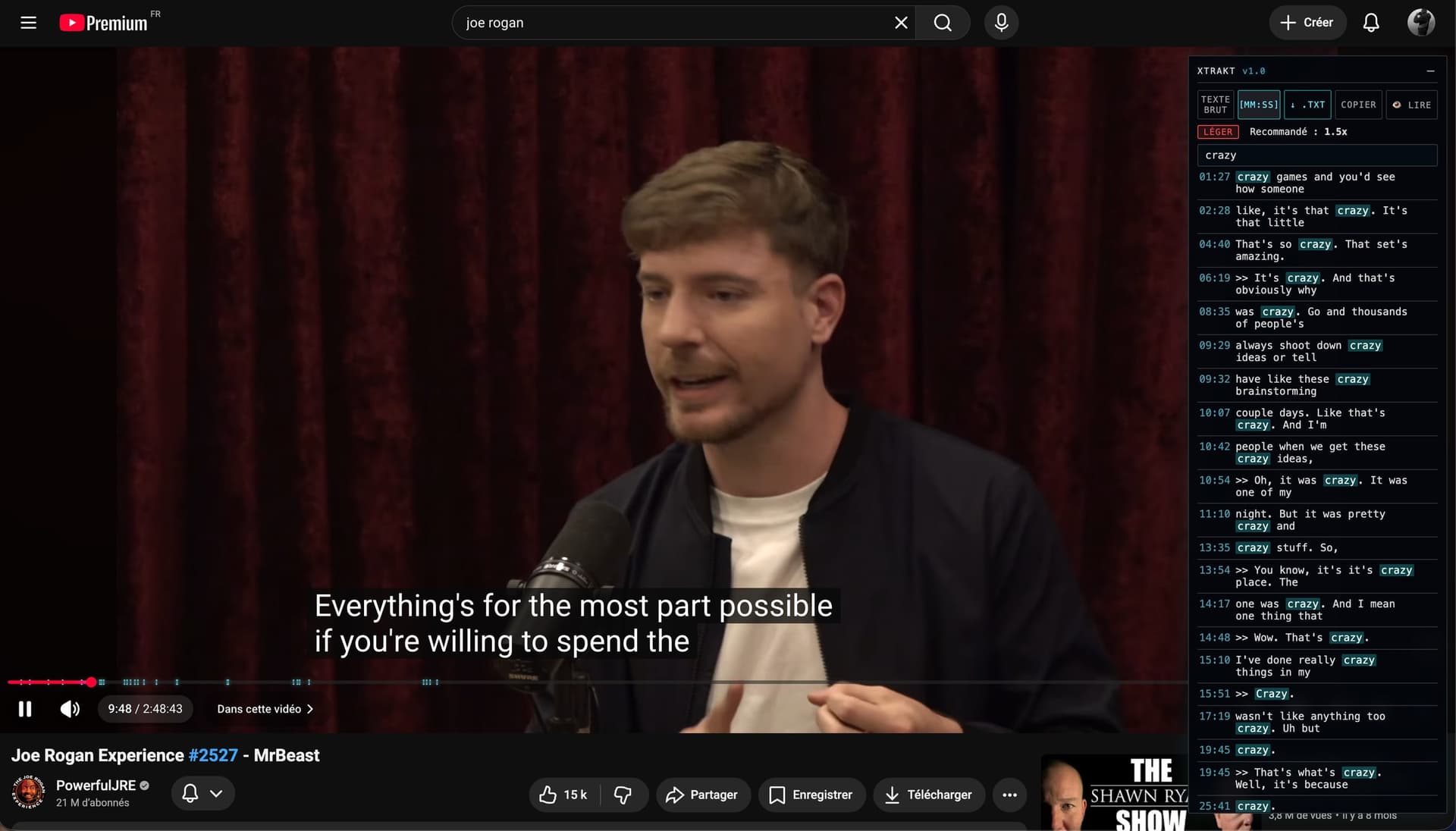 The Xtrakt widget filtering a transcript live, with matching moments marked on the YouTube progress bar