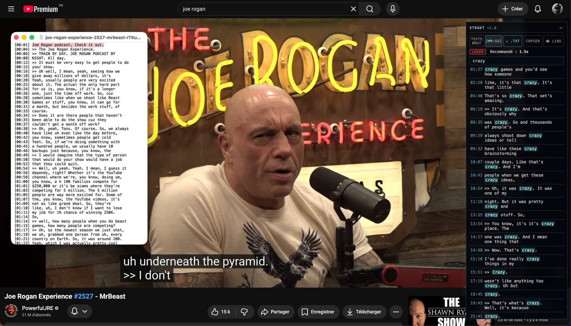 Xtrakt on a YouTube watch page: the search widget open and the exported .txt transcript displayed beside the video